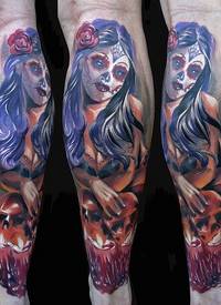 腿部墨西哥传统彩色女人肖像纹身图案