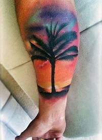 手臂华丽的彩色大棕榈树纹身图案