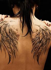 背部逼真的羽毛翅膀纹身图案