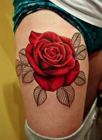 女性腿部彩色大玫瑰纹身图案