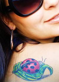 女性肩部彩色卡通瓢虫纹身图案