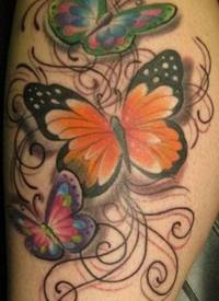 小腿彩色蝴蝶线条纹身图案
