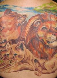 背部彩色好看的狮子大家族纹身图案