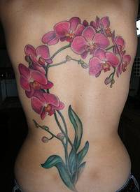 背部美丽的紫色兰花纹身图案