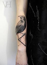手臂惊人的逼真小鸟与三角形纹身图案