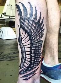 简单的黑白鹰翅膀小腿纹身图案