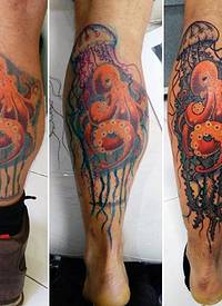 腿部彩色冻鱼和章鱼纹身图片