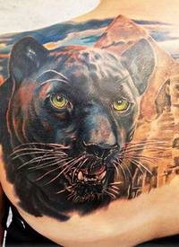背部黑豹和埃及狮身人面像纹身图案