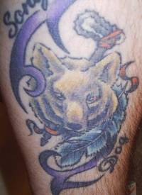 腿部彩色部落印度狼纹身图案