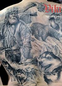 背部写实风格野生动物和猎人纹身图案