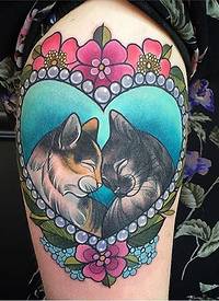 new school彩色心形与猫夫妇和花卉纹身图案