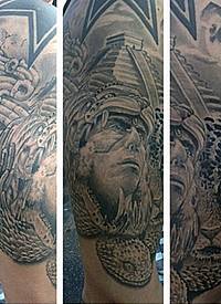 大臂黑灰部落男子肖像与寺庙豹子纹身图案