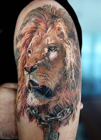 手臂上的写实狮子头像和铁链纹身图案