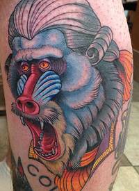 腿部彩色油墨狒狒头纹身图案