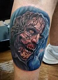 小腿彩色怪物僵尸脸纹身图案