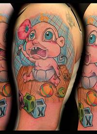 大臂卡通风格的彩色小宝宝与立方体玩具纹身图案