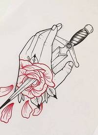 红黑线条创意手与玫瑰匕首纹身手稿