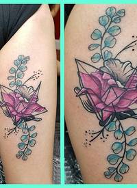 泼墨千纸鹤纹身 手臂纹身女生小清新花朵和千纸鹤纹身图片