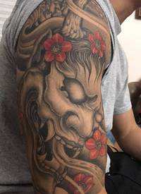 日式班诺纹身 男性手臂上日式班诺纹身龙头纹身半甲图案大全图片