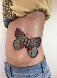 百乐动物纹身 女生侧腰上彩色的蝴蝶纹身图片