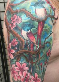 纹身鸟 男生手臂上文艺花朵纹身鸟图片