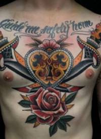 玫瑰匕首纹身  男生胸上玫瑰和匕首纹身图片