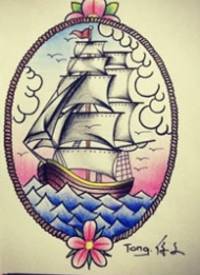 彩色帆船纹身手稿图案