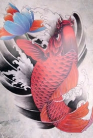 一款漂亮的鲤鱼莲花纹身手稿