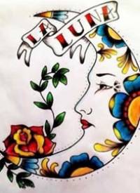 彩色月亮玫瑰花纹身手稿图案