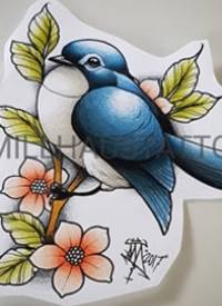蓝色小鸟+樱花纹身手稿