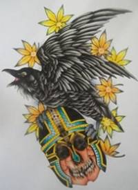 一款潮流时尚的乌鸦纹身手稿