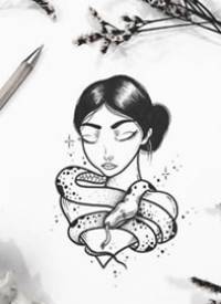 一款女性肖像+蛇纹身手稿