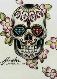 一款彩色骷髅头樱花钻石纹身图案