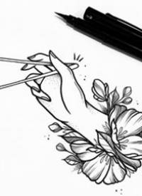 一张花朵中拿筷子的手纹身线稿
