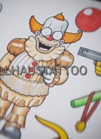枪+小丑拿气球纹身手稿