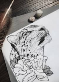 欧美写实豹子花卉纹身图案手稿