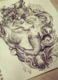 欧美黑灰school美人鱼纹身图案手稿