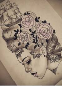 欧美school女郎玫瑰帆船纹身图案手稿