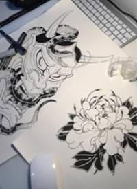 日式传统般若菊花纹身图案手稿