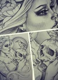 欧美骷髅死亡女郎纹身图案手稿