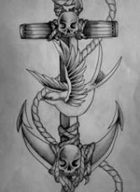 欧美燕子船锚骷髅纹身图案手稿