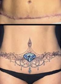 女性腹部伤疤遮盖的一组纹身效果图