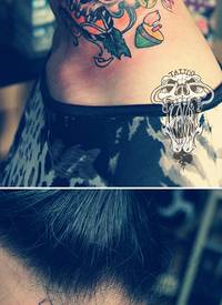 脖子处很酷的艺妓与骷髅纹身图案_脖子纹身图案大全_纹身图吧