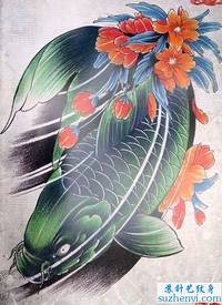蓝色鲤鱼与莲花纹身_鲤鱼纹身图案大全_纹身图吧